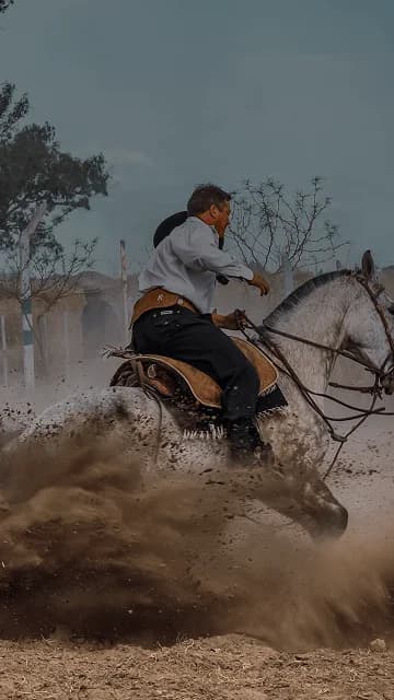 Cavaleiro em traje tradicional gaúcho levanta poeira ao fazer uma curva. Sobreposta está a palavra espanhola "gaucho" com sua tradução em português, "cavaleiro habilidoso".