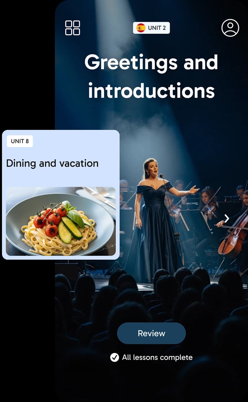 Captura de tela do aplicativo Rosetta Stone Sapphire mostrando um cartão de lição intitulado 'Saudações e apresentações', da Unidade 2 de espanhol, com a imagem de uma mulher de vestido de gala azul sobre fundo escuro, e um cartão de lição intitulado 'Refeições e férias', da Unidade 8, com a imagem de um prato de massa com legumes.