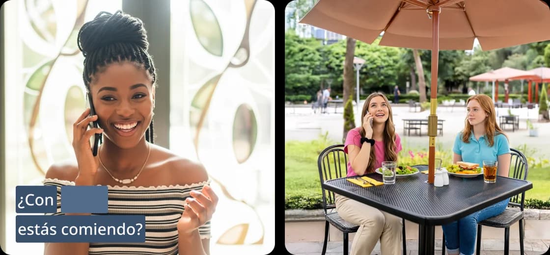 Telas do aplicativo da Rosetta Stone mostrando lições em pequenos módulos que abrangem fala, leitura, escuta e escrita, com a frase em espanhol “¿Con (espaço) estás comiendo?” exibida na tela.