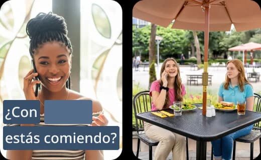 Telas do aplicativo da Rosetta Stone mostrando lições em pequenos módulos que abrangem fala, leitura, escuta e escrita, com a frase em espanhol “¿Con (espaço) estás comiendo?” exibida na tela.