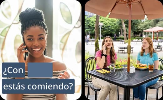 Telas do aplicativo da Rosetta Stone mostrando lições em pequenos módulos que abrangem fala, leitura, escuta e escrita, com a frase em espanhol “¿Con (espaço) estás comiendo?” exibida na tela.