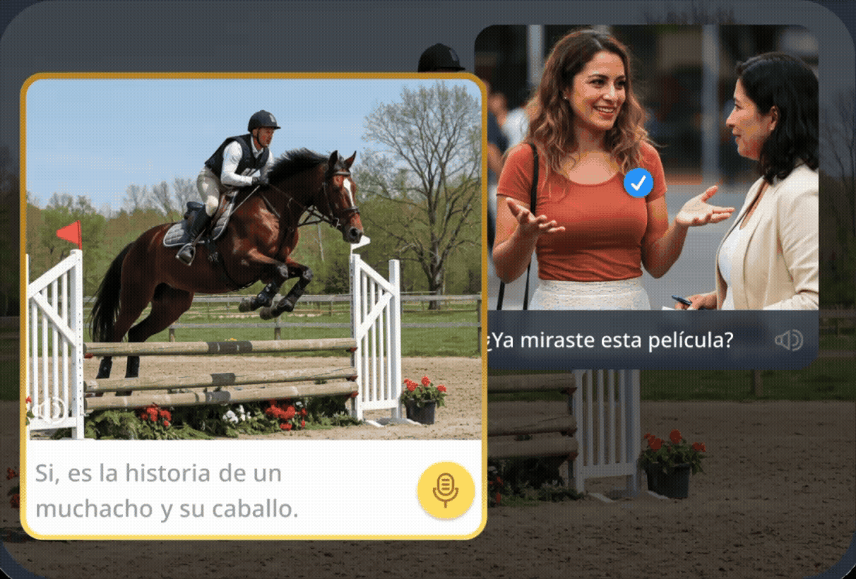 Um exercício de conversação que mostra, lado a lado, a cena de um cavalo saltando uma cerca e duas mulheres conversando, com balões de diálogo em espanhol, simulando uma conversa de mão dupla com um nativo.