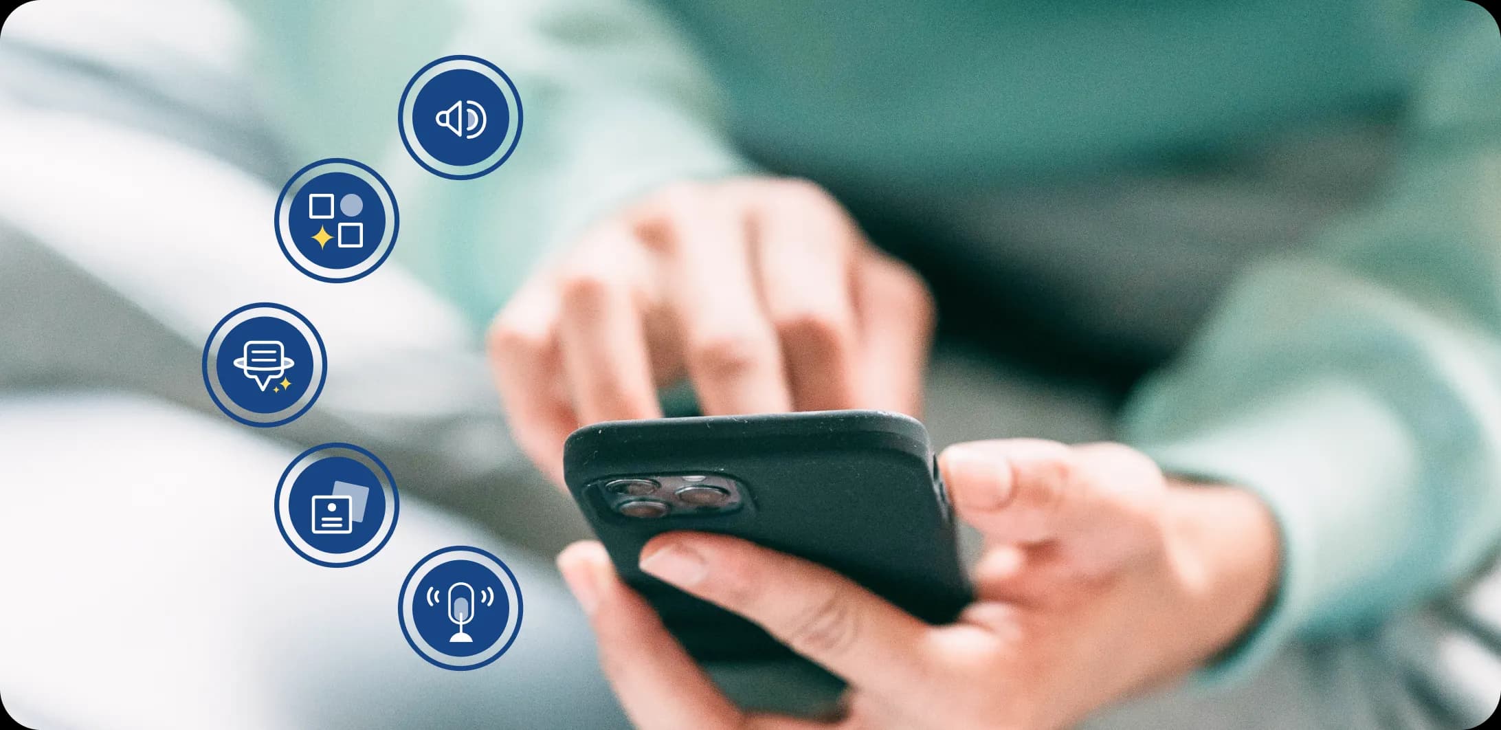 Close-up of hands holding a smartphone with icons representing Rosetta Stone Sapphire's features floating around the screen.