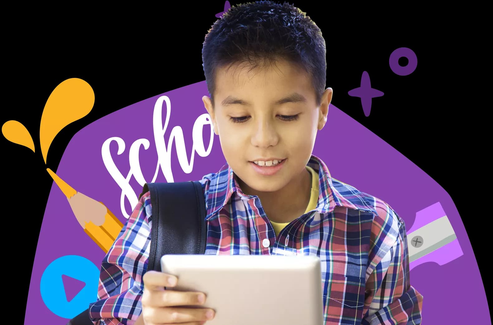 Uma criança do ensino fundamental usando Rosetta Stone em um tablet