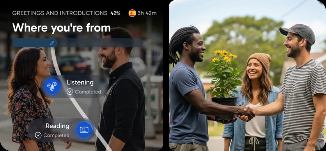 Interface do aplicativo Rosetta Stone mostrando a lição “De onde você é”, com indicadores de progresso de compreensão auditiva e leitura, ao lado de uma foto de pessoas conversando ao ar livre.