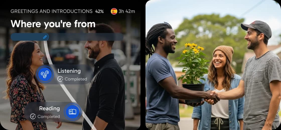 Interface do aplicativo Rosetta Stone mostrando a lição “De onde você é”, com indicadores de progresso de compreensão auditiva e leitura, ao lado de uma foto de pessoas conversando ao ar livre.
