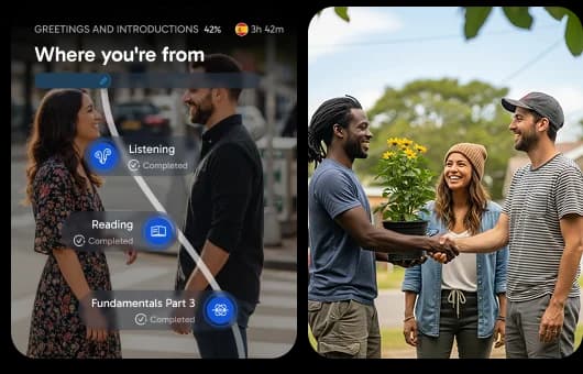 Interface do aplicativo Rosetta Stone mostrando a lição “De onde você é”, com indicadores de progresso de compreensão auditiva e leitura, ao lado de uma foto de pessoas conversando ao ar livre.