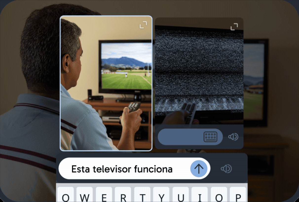 Um exercício de leitura e escrita mostrando uma pessoa assistindo TV, com uma caixa de texto e um teclado na tela abaixo, incentivando o aluno a digitar uma palavra ou frase no idioma de estudo.