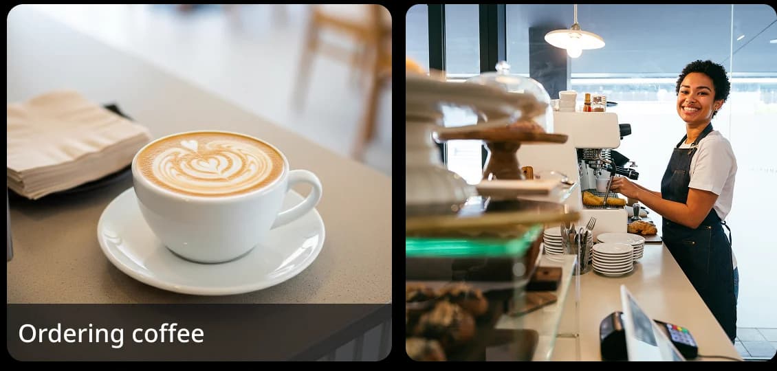Duas imagens lado a lado: um café decorado com latte art e um barista no balcão, ilustrando a prática de conversação de uma situação real ao pedir um café.