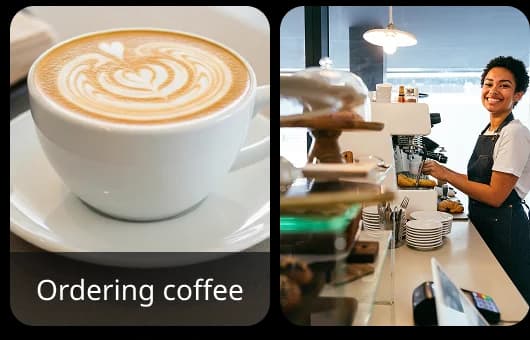 Duas imagens lado a lado: um café decorado com latte art e um barista no balcão, ilustrando a prática de conversação de uma situação real ao pedir um café.