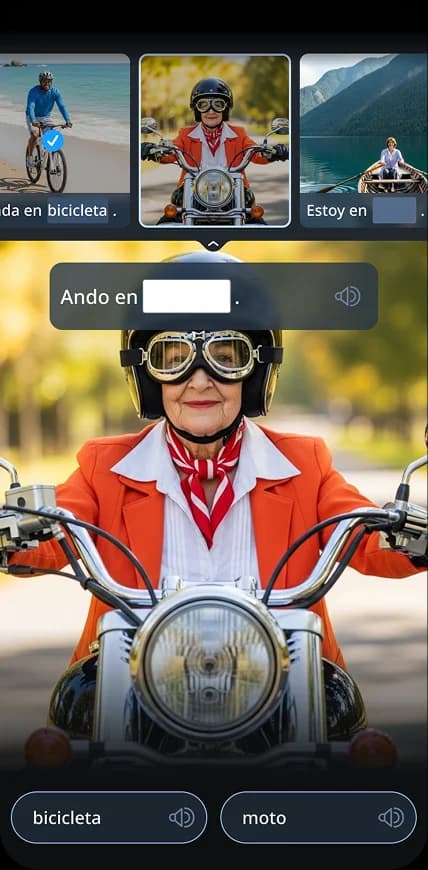 Aplicativo móvel da Rosetta Stone exibindo um exercício de associação de imagens com fotos de um homem em uma bicicleta, uma mulher em uma motocicleta e outra mulher em um barco, com palavras de vocabulário em espanhol exibidas abaixo.