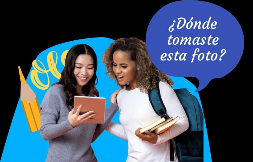 Duas mulheres em idade escolar usando Rosetta Stone juntas, onde se lê em voz alta "Donde tomaste esta foto?"