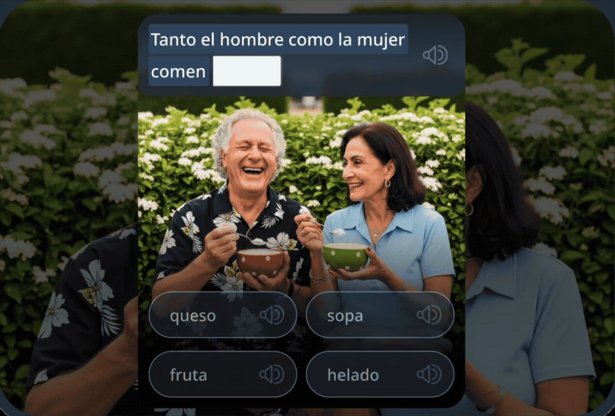 Um exercício de vocabulário mostrando dois adultos mais velhos jantando ao ar livre, com uma frase em espanhol a ser completada e opções de palavras no formato "múltipla escolha" abaixo, ensinando gramática em um contexto da vida real.