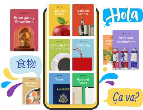 Tela do aplicativo Rosetta Stone mostrando várias seções do curso