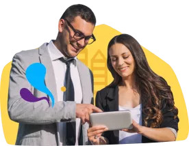 Um homem e uma mulher em trajes de negócios abaixo do texto que diz Empresa para empresas