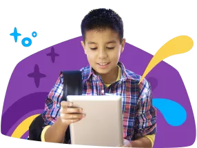 Um aluno do ensino fundamental lendo um tablet abaixo do texto que diz Escolas para salas de aula e distritos